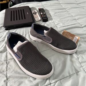 OluKai Men's Gray Mesh Slip-On Loafers with White Sole